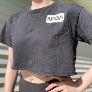 NASA crop top with reworked safety pinned sides